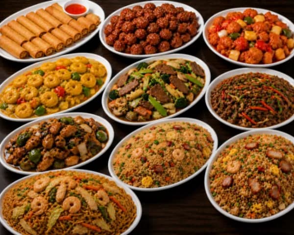 For Eight - Eight egg rolls, honey pork, curry prawns, sweet & sour chicken, beef chop suey, stir-fried shredded beef tenderloin, chicken in black bean sauce, king do fried rice, house special chow mein.